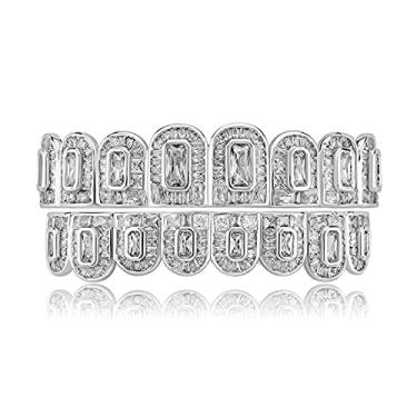 Imagem de ICEDIAMOND Fantex Iced Out CZ Baguette Diamond Teeth Grillz, 18K Gold Plated Top and Bottom Hip Hop Dental Wear Jewelry for Men Women (Branco), latão, Zircônia cúbica