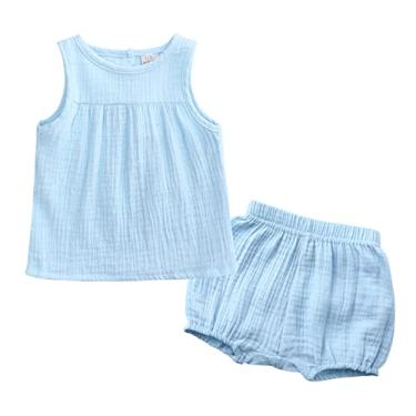 Imagem de Camiseta infantil recém-nascido para meninas algodão linho verão sólido sem manga 0-24 meses (0-azul claro, 1-2 anos)