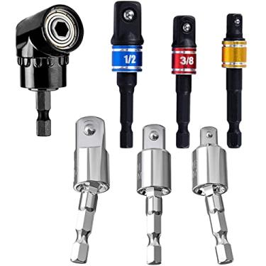 Imagem de 7 peças de soquetes de furadeira elétrica conjuntos de extensão 3 adaptadores de soquete de hastes hexagonais, 3 peças de adaptador de soquetes de 360 graus, broca de chave de fenda de ângulo reto de 105 graus