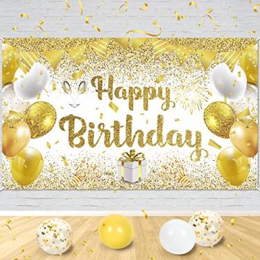 Imagem de Banner de decorações de festa de aniversário branco dourado, faixa de fundo de feliz aniversário dourado e branco, grande faixa de aniversário branca dourada decoração de festa para mulheres homens meninas 70,8 x 43,3 polegadas