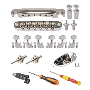 Imagem de Unxuey Silver Bridge Tailpiece 6 Cordas Guitarra Roller Saddle Tune-O-Matic Bridge para Guitarra LP, 6 Pçs Sintonizadores de Bloqueio de Guitarra 3L3R com Fechaduras de Correia de Guitarra e Placa de Macaco, Enrolador de Corda e Chave de Fenda