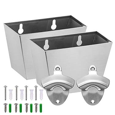 Imagem de 2 peças de aço inoxidável resistente montado na parede abridor de garrafa de cerveja e conjunto de caixas de apanhador de tampa durável para homem interior caverna casa bar barman presentes por Haiicen (cetim prateado)