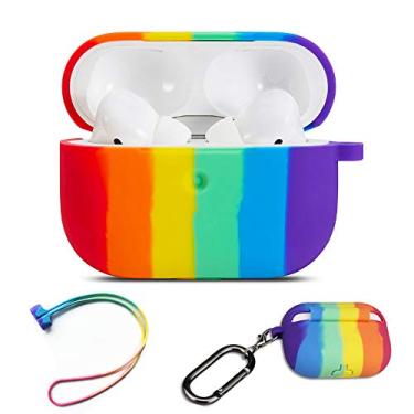 Imagem de Linda capa colorida para AirPods Pro, capa protetora de silicone macio com padrão arco-íris com corda antiperda para AirPods Pro 2019, capa protetora de cores arco-íris para AirPods Pro