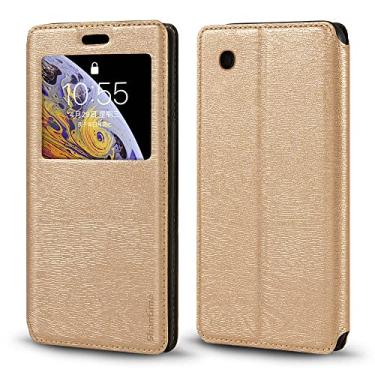 Imagem de Capa curva para BlackBerry 8520, capa de couro de grão de madeira com porta-cartão e janela, capa magnética para BlackBerry Gemini (6,2 cm) dourada