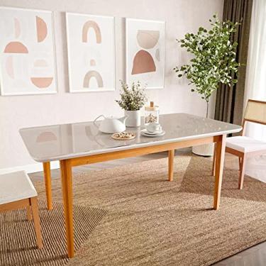 Imagem de Mesa de Jantar 6 Lugares 1,80m Tampo Mdf e Vidro Pés Madeira Maciça Tangará Cabecasa Madeiramadeira Caramelo/off White