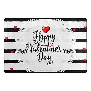 Imagem de ALAZA My Daily Happy Valentine's Day coração preto branco listrado tapete de área 50,8 cm x 78,7 cm, tapete para porta para sala de estar, quarto, cozinha, banheiro, tapete impresso de espuma leve