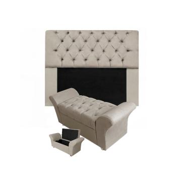 Imagem de Conjunto Cabeceira Mirage e Calçadeira Baú Veneza King 195 cm Suede Bege - LM DECOR