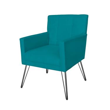 Imagem de Poltrona Estofada Para Salão de Beleza Pés de Ferro Onix Suede Azul Turquesa - LM DECOR