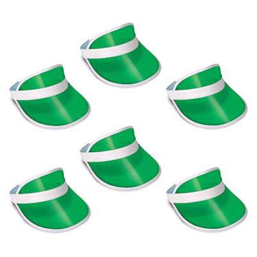 Imagem de Beistle Viseiras de plástico verde transparente – Pacote com 6 chapéus translúcidos estilo cassino Las Vegas com acabamento branco, acessórios de festa para noite de jogo, pôquer ou temas retrô