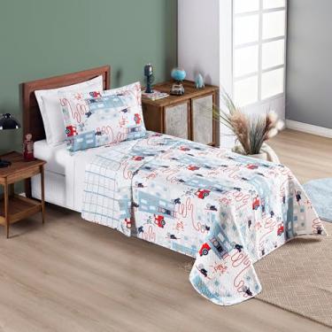 Imagem de Kit Colcha Bouti Cobre Leito Solteiro Infantil Dupla Face Estampado - 02 Peças (Bombeiro)