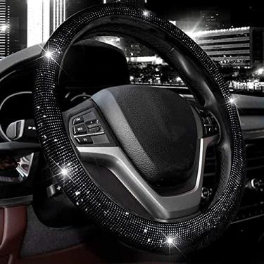 Imagem de Valleycomfy Capa de volante para mulheres e homens, brilhante, cristal, diamante, brilhante, carro, SUV, protetor de roda universal de 38 cm (preto com diamante preto, tamanho padrão (35.6 cm