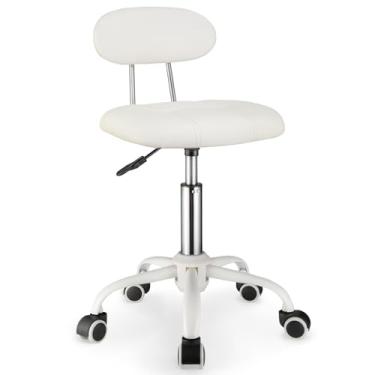 Imagem de FNZIR Banqueta quadrada com encosto ajustável em altura ajustável, cadeira de desenho giratória com rodas branca
