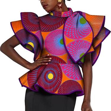 Imagem de Camisa feminina com estampa Kente, africana, manga com babados, gola redonda, Dashiki, Ankara, T11, P