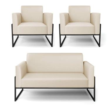 Imagem de Sofá Namoradeira Com 2 Poltronas Base Industrial Alta Preto Marisa Corino Bege D03 - D\`rossi