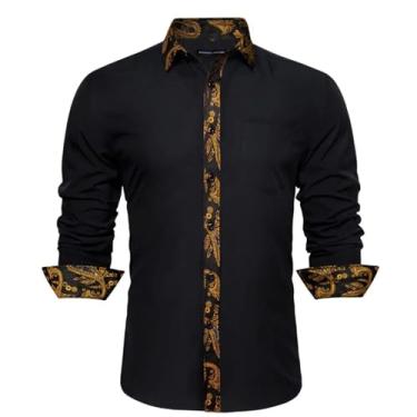 Imagem de Camisas masculinas de seda manga longa azul-petróleo sólido patch Paisley Slim blusa masculina Casaul lapela tops primavera outono, 0338, G