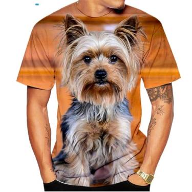 Imagem de Camiseta divertida divertida de manga curta com estampa 3D de Yorkshire Terrier com estampa 3D para o verão, Azul marinho, G