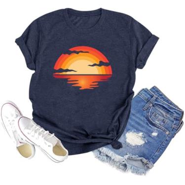 Imagem de Camiseta feminina Sunset Pine Tree, estampa retrô, estampa de sol, casual, manga curta, C 01 - azul, P