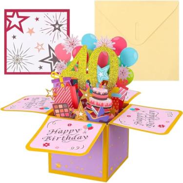 Imagem de Huacici Cartão pop-up de 40 anos, cartão de aniversário de 40 anos para ela, mulheres, cartão de presente de aniversário 3D para mãe, esposa, amiga, irmã, cartão de felicitações com nota e envelope