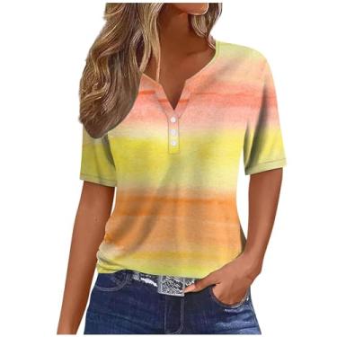 Imagem de Camisetas femininas de manga curta outono verão gola V gradiente ajuste solto tie dye longo camiseta feminina 2024, H-481 multicolorido, XXG