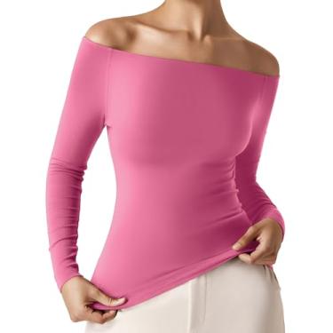 Imagem de Amoretu Camisetas femininas de manga comprida slim fit sexy ombros de fora gola canoa camisetas básicas, Vermelho rosa, XXG