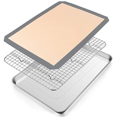 Imagem de P&P CHEF Forma de forno torradeira de 40,6 x 30,5 cm x 2,5 cm com grade e tapete de silicone, assadeira de aço inoxidável, assadeira com grelha de resfriamento, pode ser lavada na lava-louças (3 peças