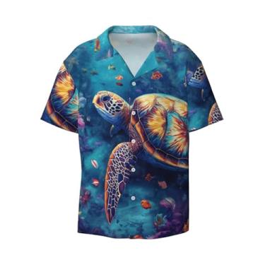 Imagem de IYOVI Camiseta masculina havaiana com estampa Happy Dolphins de manga curta e botões para praia de verão, Peixe tropical tartaruga, G