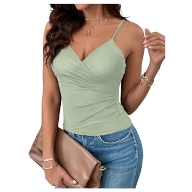 Imagem de SOLY HUX Camiseta feminina com gola V franzida, alças finas, caimento justo, cor lisa, Verde-menta sólida, G