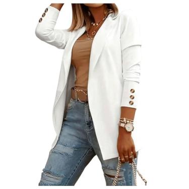 Imagem de GORGLITTER Blazer feminino texturizado aberto frontal lapela gola manga longa jaqueta trabalho escritório, Branco, G