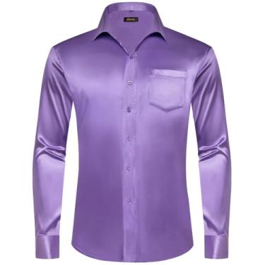 Imagem de DiBanGu Camisa social masculina manga longa cetim liso ajuste regular casual camisa de botão para festa de casamento formal, Cetim roxo, XXG