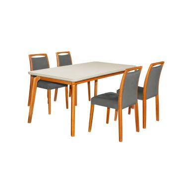 Imagem de Mesa Jantar Luxo Jade 160X90cm Off White Com 4 Cadeiras Estofadas Linho Cinza Escuro Base Madeira Maciça