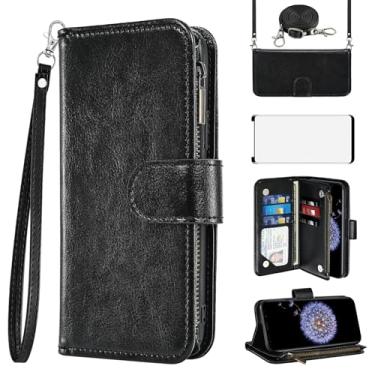 Imagem de Asuwish Capa de celular para Samsung Galaxy S9 Plus, carteira com protetor de tela, alça transversal, fecho de zíper, porta-cartões, suporte para cartão de vidro temperado, suporte para S9+ 9S 9+ S 9