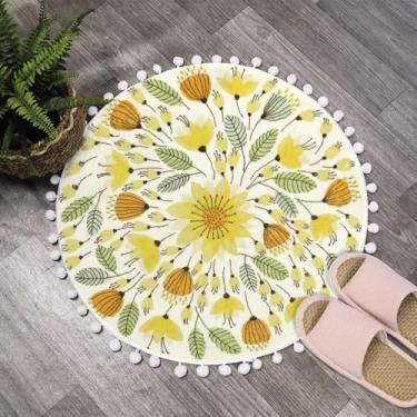 Imagem de Uphome Tapete redondo pequeno de 5 cm círculo bonito tapete de banho com pompons franjas planta floral tapetes de banheiro macios antiderrapante circular tapete para pia de chuveiro lavatório quarto de berçário, amarelo