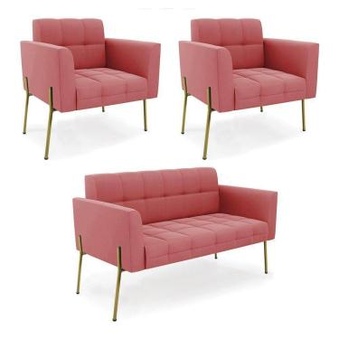 Imagem de Sofá Namoradeira E 2 Poltronas Pé De Ferro Dourado Elisa Suede Rosê D03 - D`rossi
