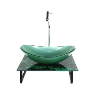 Imagem de Kit cuba de vidro oval 10mm com tampo de vidro 40cm x 40cm mármore ver