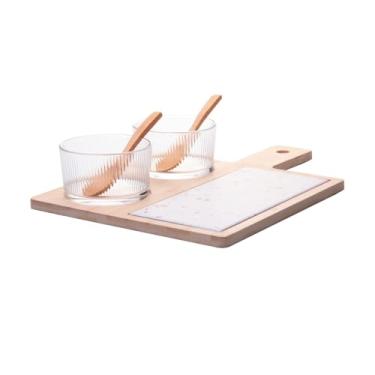 Imagem de LYOR - Conjunto Petisqueiras de Vidro com Colher, Bandeja de Bambu e Tábua Terrazo 32x22,6cm - Ideal para Petiscos Frios, Putês e Molhos.