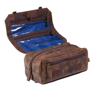 Imagem de Necessaire Unissex Cinnamon Couro Bovino Marrom Rústico Forro Impermeá