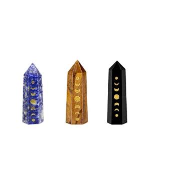 Imagem de Rockcloud Pacote com 3 pontos de cristal gravados em fase da lua, pedra hexagonal de bolso para varinha de eclipse lunar para decoração de casa de meditação de Reiki, lápis-lazúli, olho de tigre e