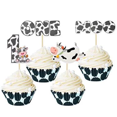 Imagem de Pacote com 36 enfeites de cupcake, animais de fazenda, primeiro aniversário, palhetas de cupcake Moo, decorações de bolo para vaca, 1º aniversário, chá de bebê, crianças, 1º aniversário, decoração de