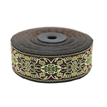 Imagem de Carretel de 11 jardas de 3,5 cm de largura, amarelo e bordô, fita jacquard Yuzen, estilo floral, acabamento de cortina, tecido de estofamento bordado, 35939