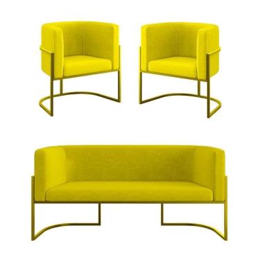 Imagem de Kit 2 Poltronas + Sofá 2 Lugares Base De Metal Gold Balaqui Amarelo