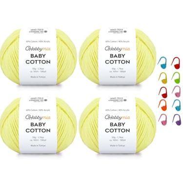 Imagem de HobbyMia Fio de algodão para bebês para crochê - 50 g / 180 m - (2) fio fino, peso esportivo - fio Amigurumi para linha de crochê - 60% algodão e 40% acrílico e 10 pontos (limão, 4 bolas)