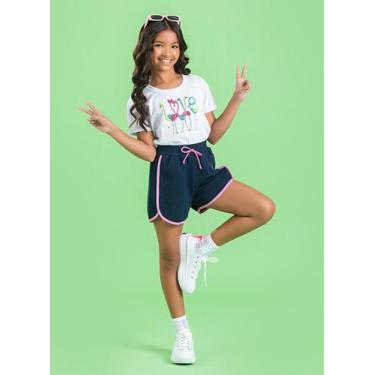 Imagem de Conjunto Verão Menina Infantil Branco Blusa e Shorts Boxeador Flamingo
