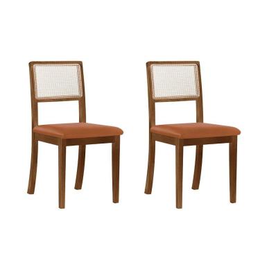 Imagem de Kit 2 Cadeiras de Jantar Luxo Palha Estofadas Couro Pu Caramelo Tela Sextavada Rubi Madeira Maciça I