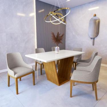 Imagem de Mesa de Jantar 1,6m Safira Off White com 6 Cadeiras Elisa Linho Bege M