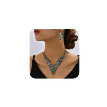 Imagem de Chargances Conjunto de 3 peças de joias de cristal preto com strass borla em forma de V colar lustre brincos de franja pendurados acessórios de casamento para mulheres Halloween (estilo 2), open size,