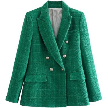 Imagem de Jaqueta feminina jaqueta feminina outono moda duplo breasted tweed verificação blazer casaco vintage manga longa bolsos feminino outerwear chique, l