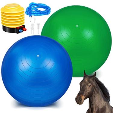Imagem de 2 peças de bola de cavalo de 101 cm para jogar bola de cavalo grande bola de pastoreio grande para cavalo anti-explosão bola de futebol cavalo gigante brinquedos para cavalos brincarem, bomba incluída (verde, azul, 101 cm)