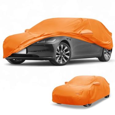 Imagem de Partuto Capa de carro à prova d'água para todos os climas, automotiva, externa, anti-UV, proteção contra chuva e sol, cobertura externa completa para Tesla Model 3 210D-PU laranja com tiras refletoras