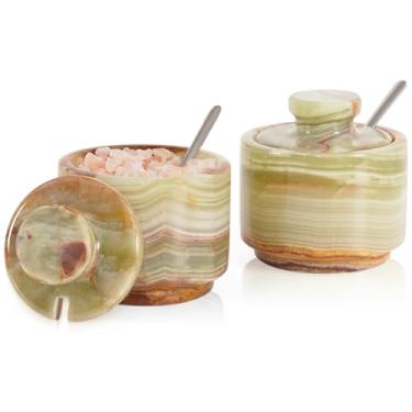 Imagem de Saleiro de mármore com tampa e colher Prato de sal de pedra verde de 7,6 cm para armazenamento de bancada de cozinha, pequeno conjunto decorativo de 2 recipientes de tempero, potes de especiarias