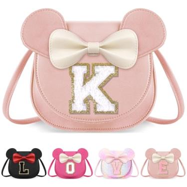 Imagem de izuzta Bolsa infantil para crianças 1 2 3 4 5 6 7 8 anos de idade bonito mouse orelha laço bolsa transversal presente de aniversário, Grande/bolsa rosa/letra branca, K, K